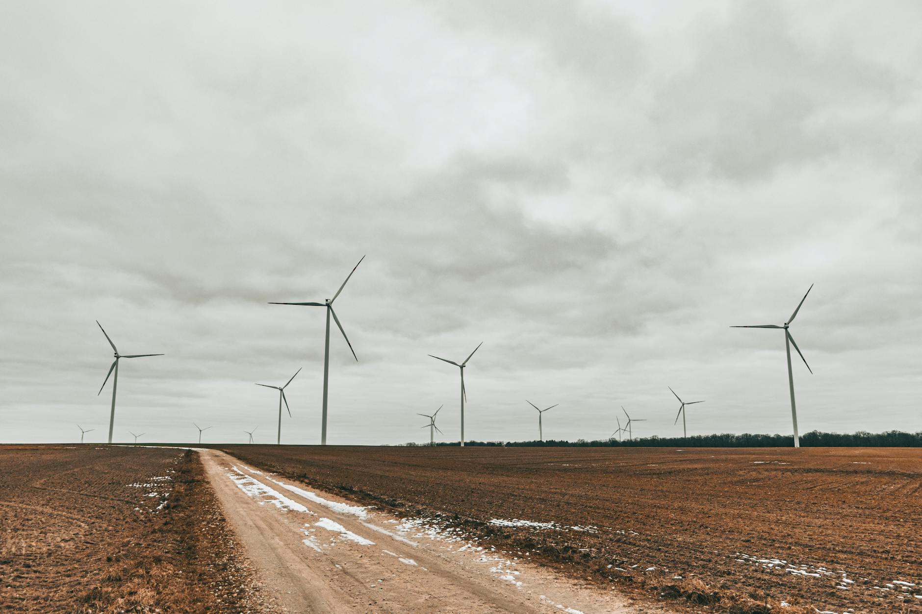 Pole wiatrowe z wysokimi turbinami pod zachmurzonym niebem